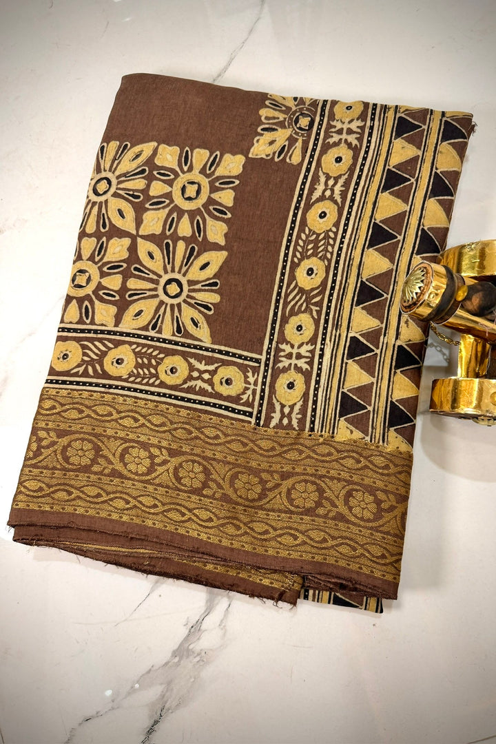 Kashish brown Pure Dola Silk Ajrakh Handblock Printed Saree