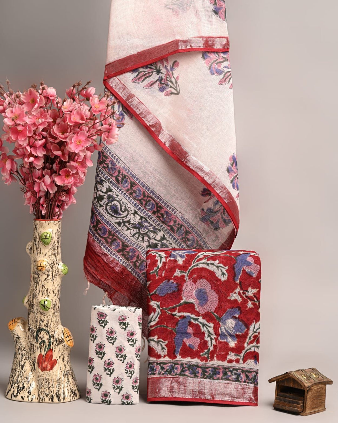 Handblock Printed Pure Linen Cotton Suit in White with Bold Red Floral Designs & Zari Border