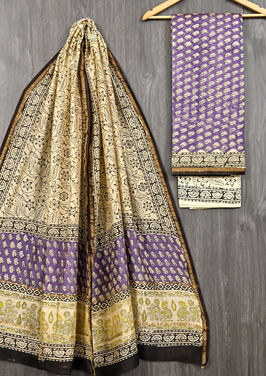 Lavender Purple Hand Block Printed Pure Chanderi Silk Suit Set with Delicate Floral Vines