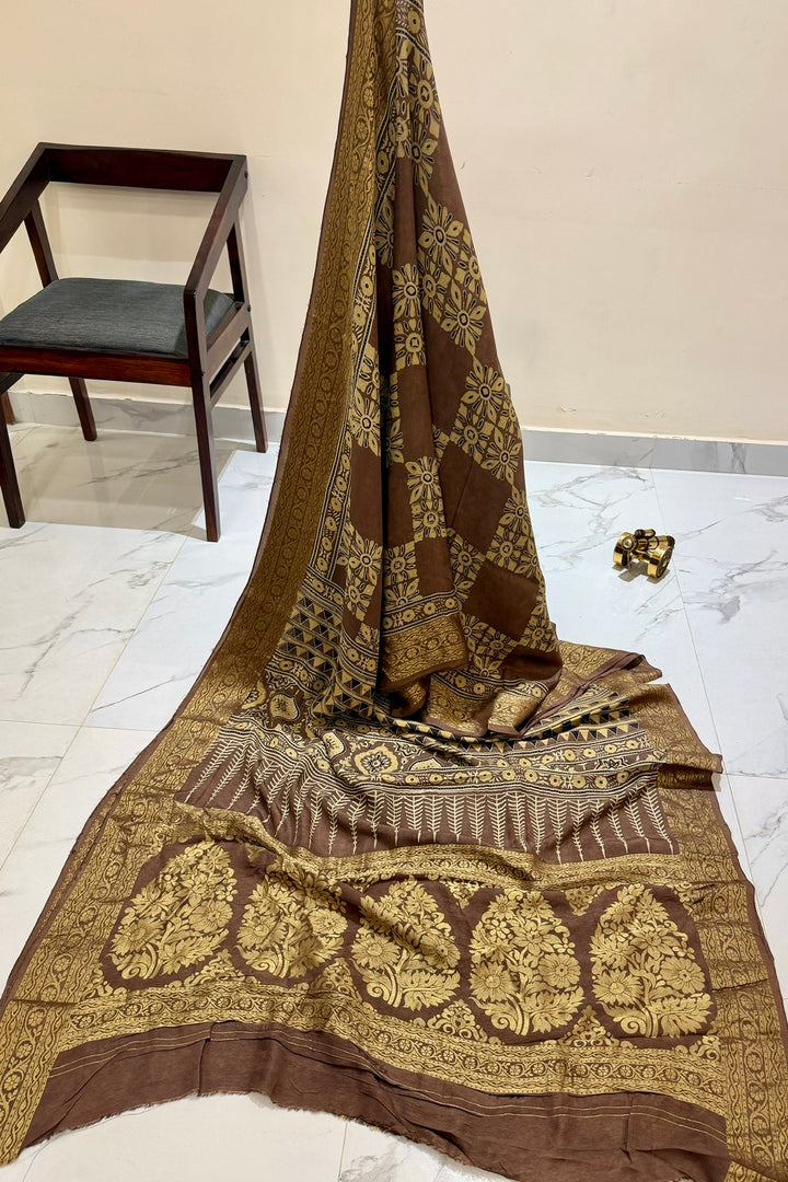 Kashish brown Pure Dola Silk Ajrakh Handblock Printed Saree