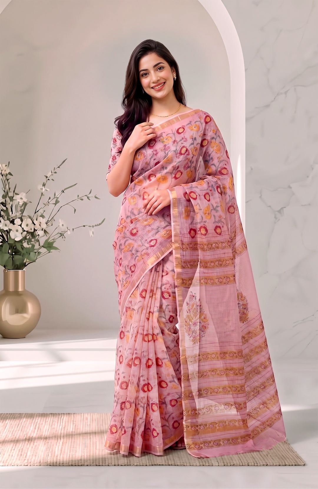 Blush Pink Pure Kota Doria Handblock Printed Saree with Blouse Piece