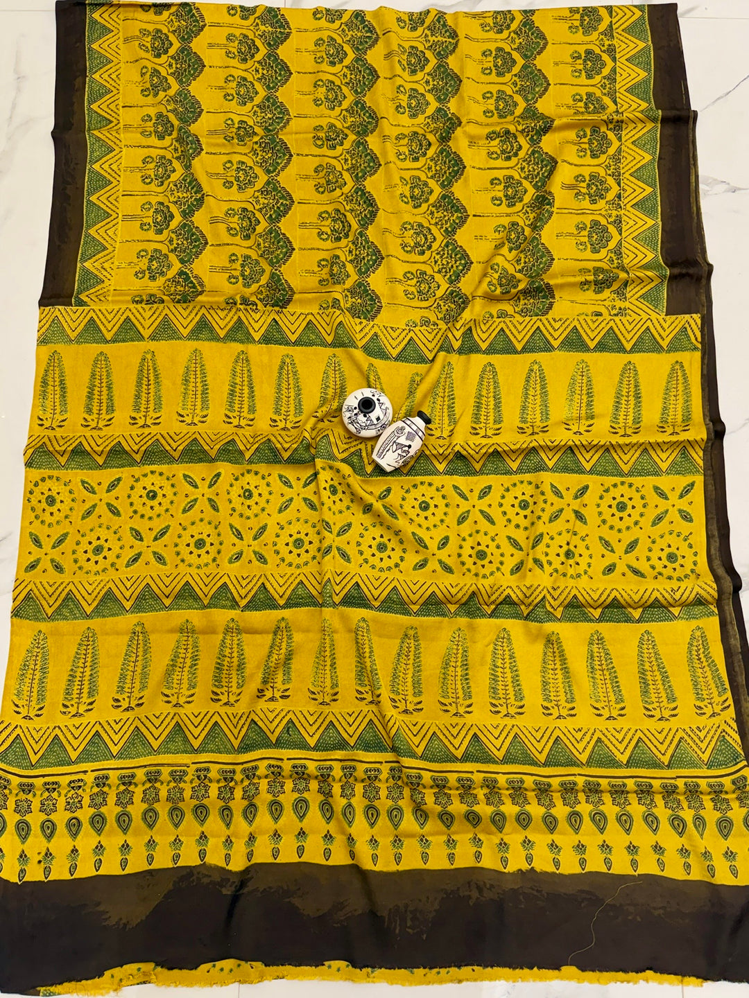 Pure Modal Silk Ajrakh Saree in Vibrant Mustard & Olive Green Handblock Print