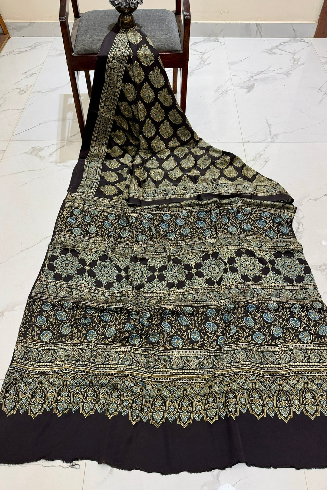 Elegant Charcoal Black Pure Modal Silk Ajrakh Saree with Gold-Toned Floral Handblock