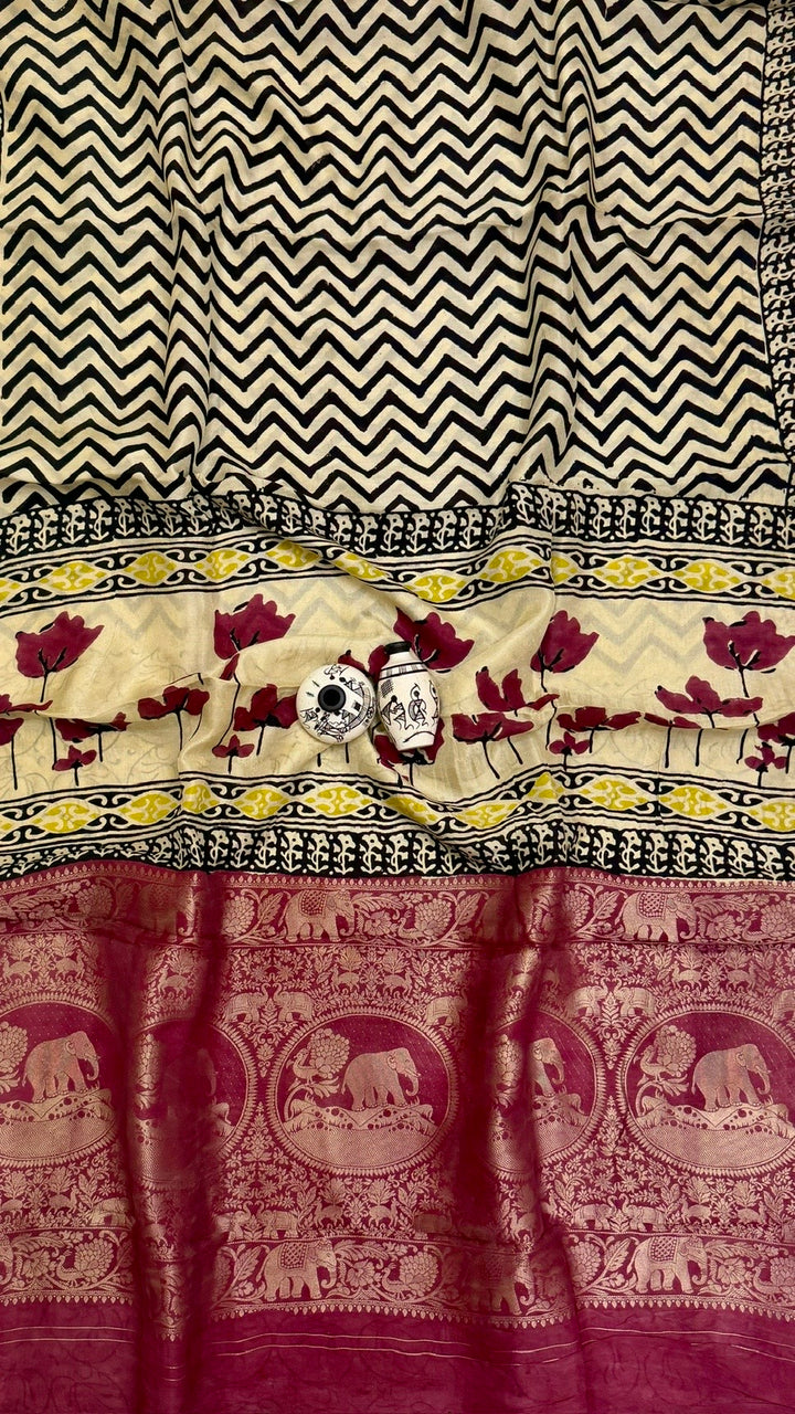 Pure Dola Silk Ajrakh Handblock Printed Saree in Ivory and Maroon Chevron with Floral Pallu