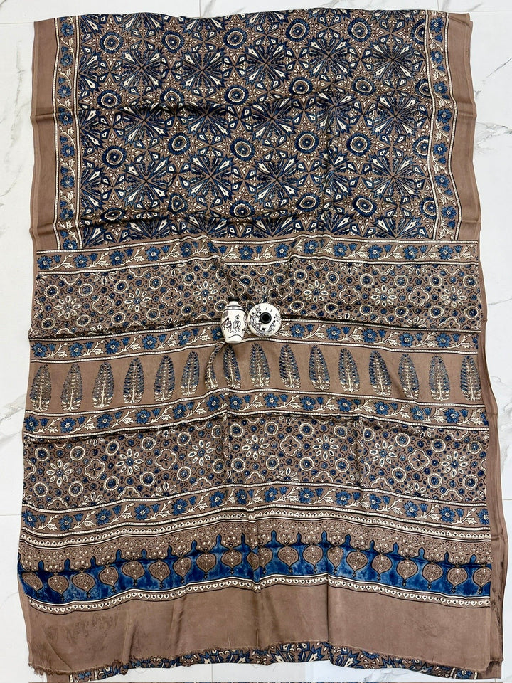 Sophisticated Mocha Brown Pure Modal Silk Ajrakh Saree with Blue Motif Handblock Print