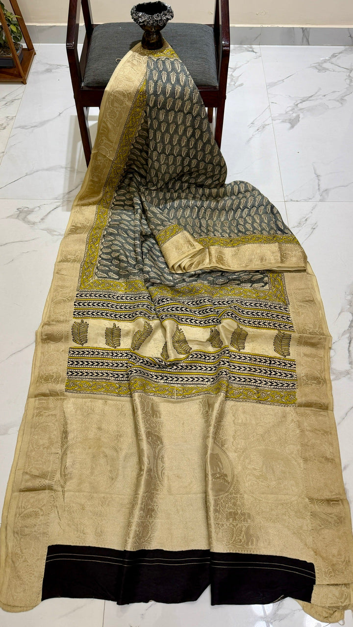 Pure Dola Silk Ajrakh Handblock Printed Saree in Charcoal Grey and Cream Leaf Butis