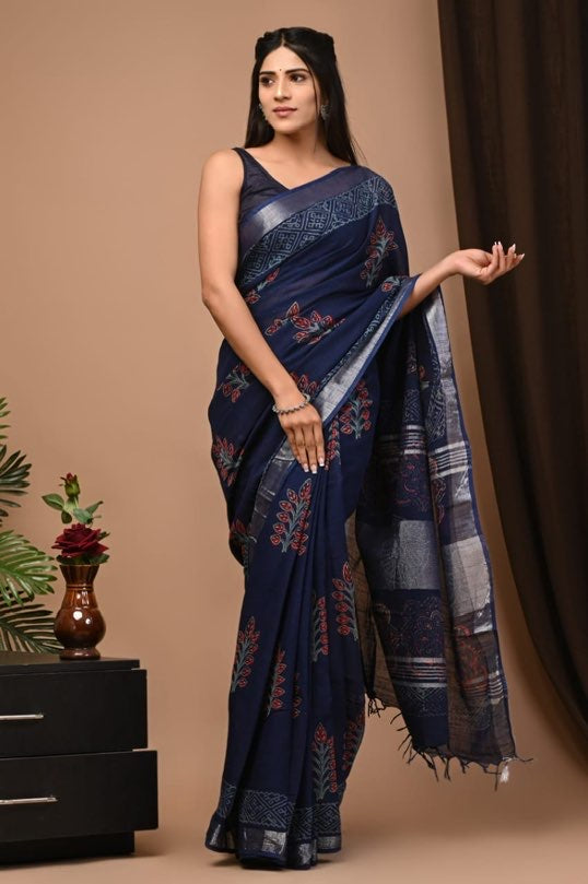 Linen cotton Handblock printed saree with blouse piece - Ajrakh Blue