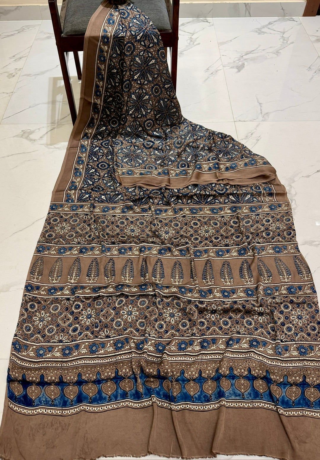 Sophisticated Mocha Brown Pure Modal Silk Ajrakh Saree with Blue Motif Handblock Print