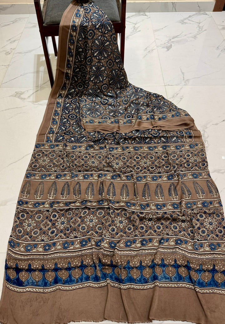 Sophisticated Mocha Brown Pure Modal Silk Ajrakh Saree with Blue Motif Handblock Print