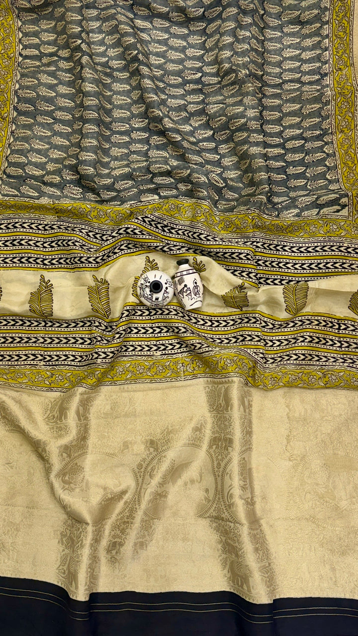 Pure Dola Silk Ajrakh Handblock Printed Saree in Charcoal Grey and Cream Leaf Butis