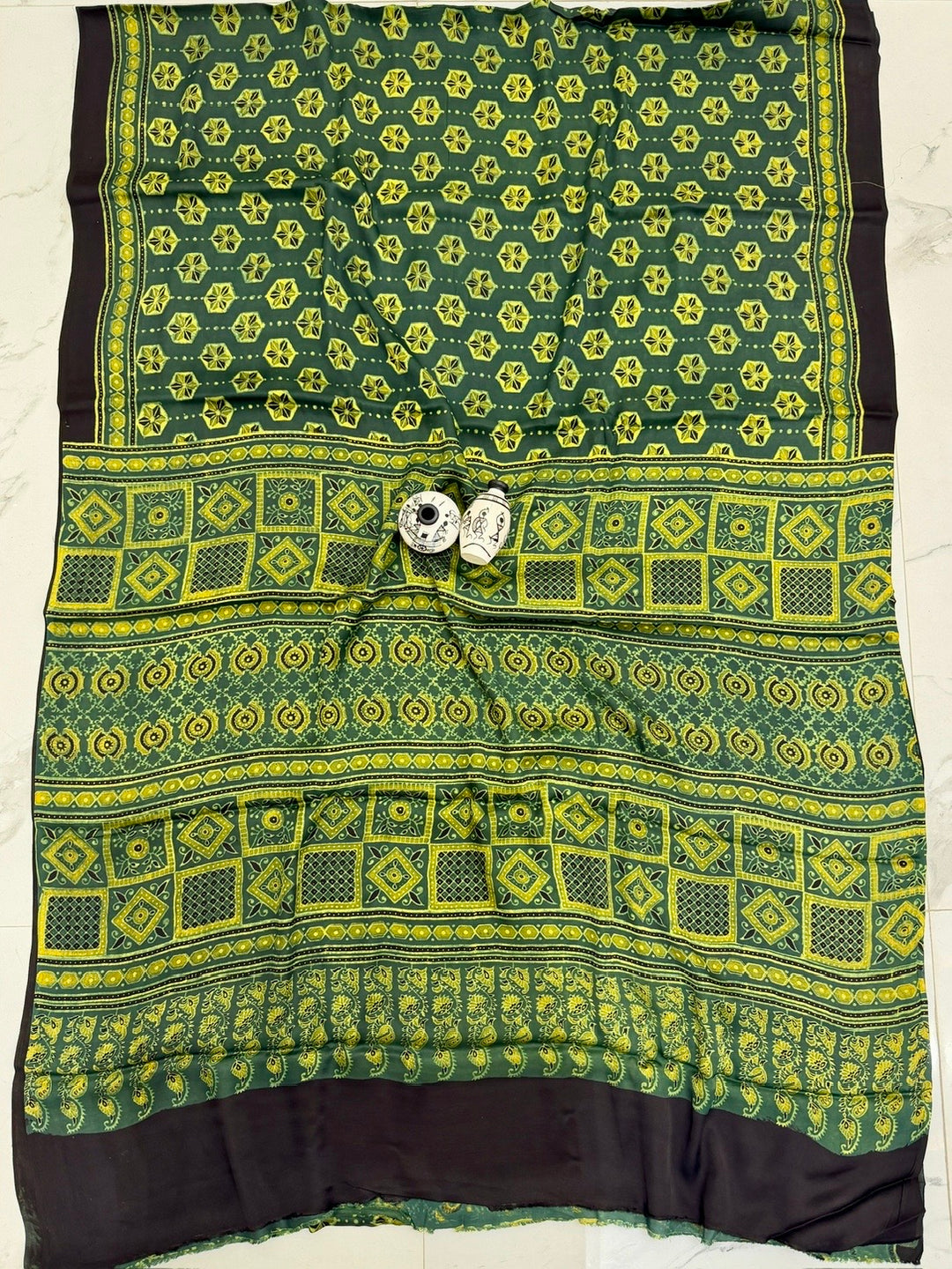 Forest Green Pure Modal Silk Ajrakh Saree with Geometric Diamond Handblock Print
