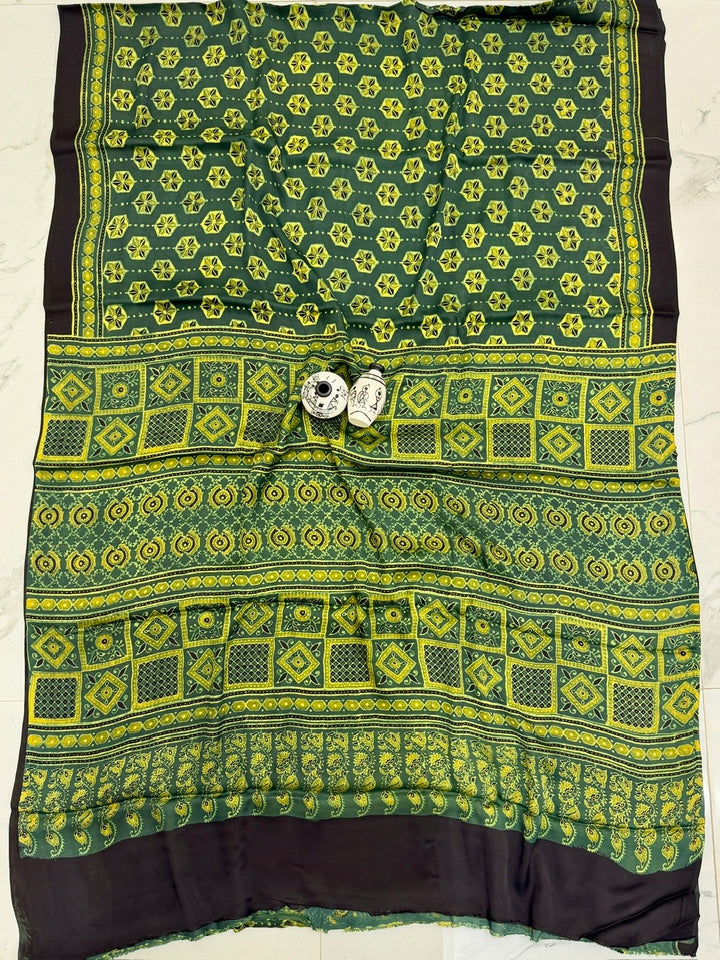 Forest Green Pure Modal Silk Ajrakh Saree with Geometric Diamond Handblock Print