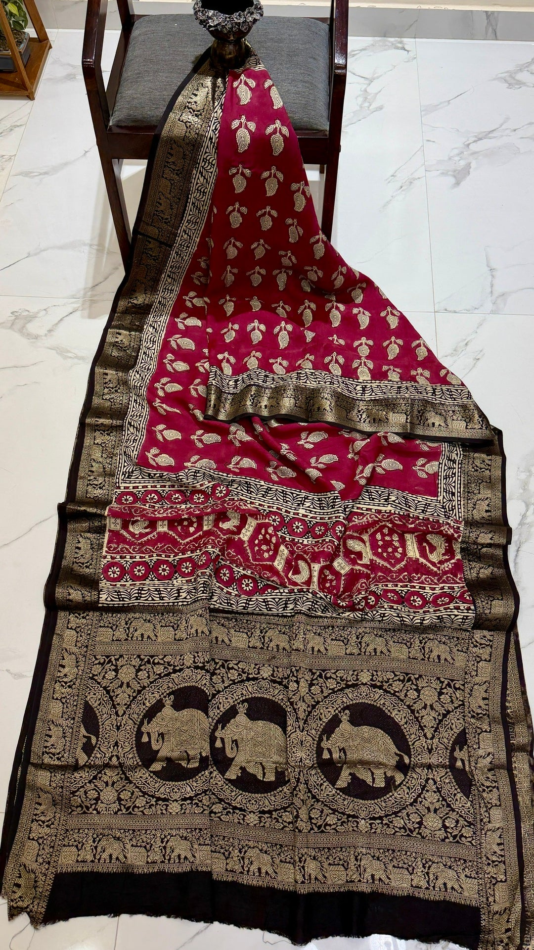 Pure Dola Silk Ajrakh Handblock Printed Saree in Crimson Red and Black Traditional Motifs