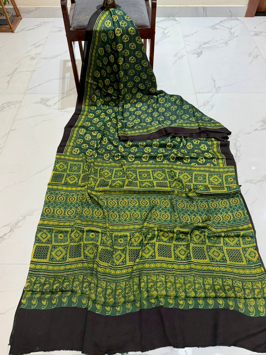 Forest Green Pure Modal Silk Ajrakh Saree with Geometric Diamond Handblock Print