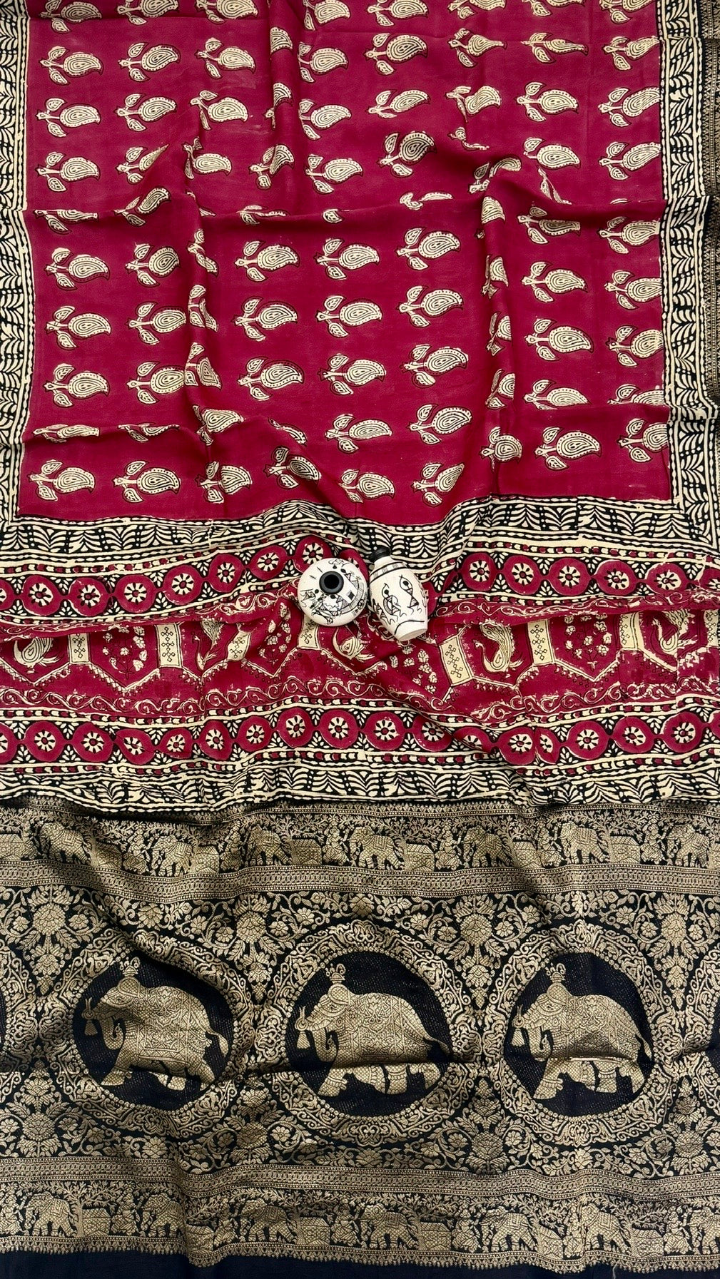 Pure Dola Silk Ajrakh Handblock Printed Saree in Crimson Red and Black Traditional Motifs