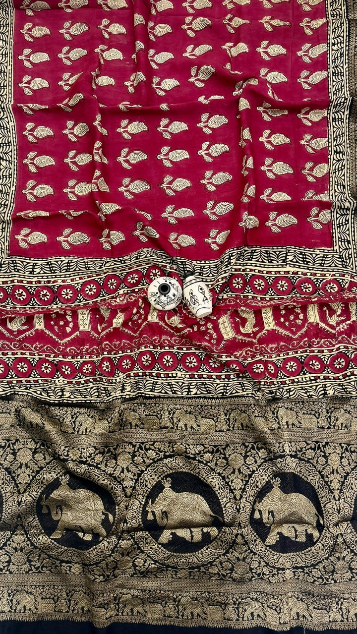 Pure Dola Silk Ajrakh Handblock Printed Saree in Crimson Red and Black Traditional Motifs