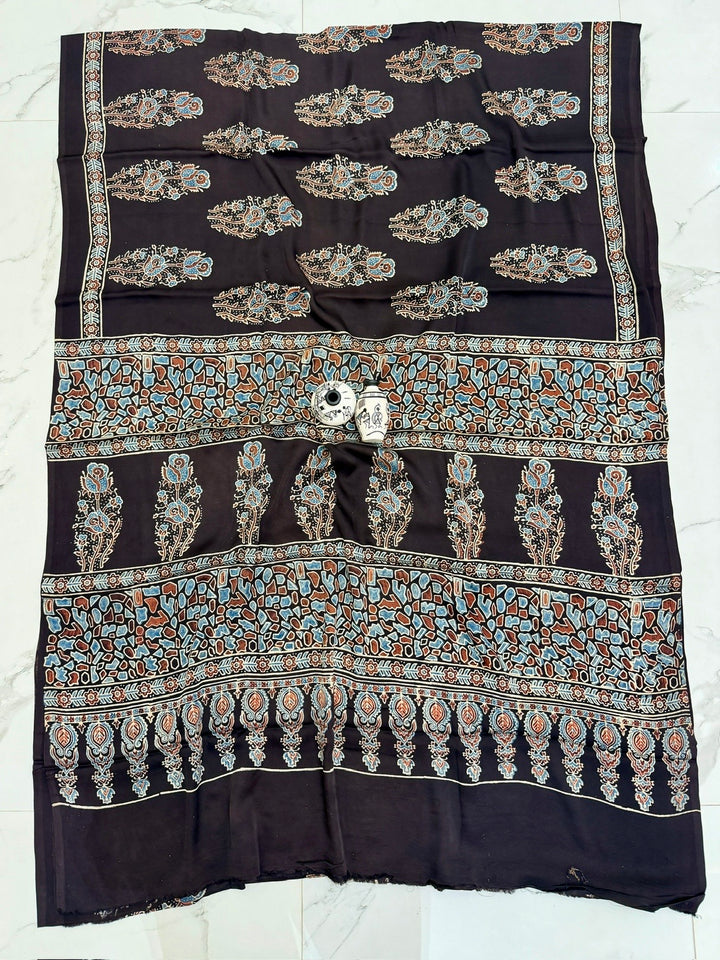 Midnight Black Pure Modal Silk Ajrakh Saree featuring Large Floral Buta Handblock
