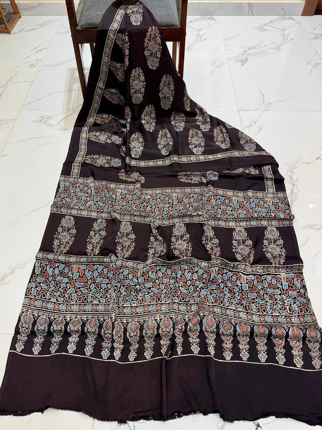 Midnight Black Pure Modal Silk Ajrakh Saree featuring Large Floral Buta Handblock