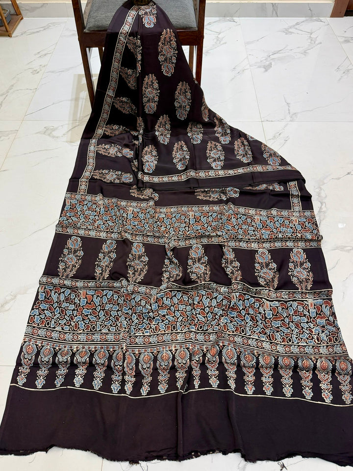 Midnight Black Pure Modal Silk Ajrakh Saree featuring Large Floral Buta Handblock