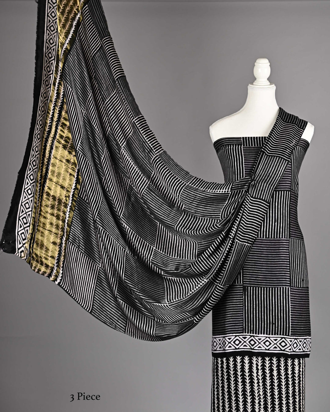 Pure Modal Silk Ajrakh handblock printed Unstitched Suit - Black and white