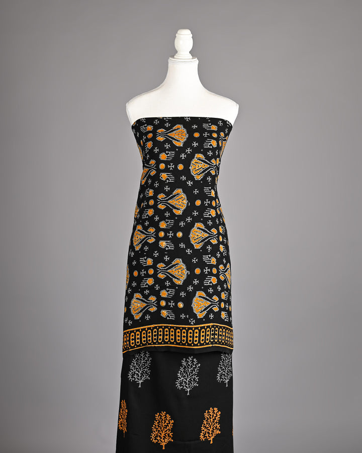 Pure Modal Silk Ajrakh handblock printed Unstitched Suit - Black