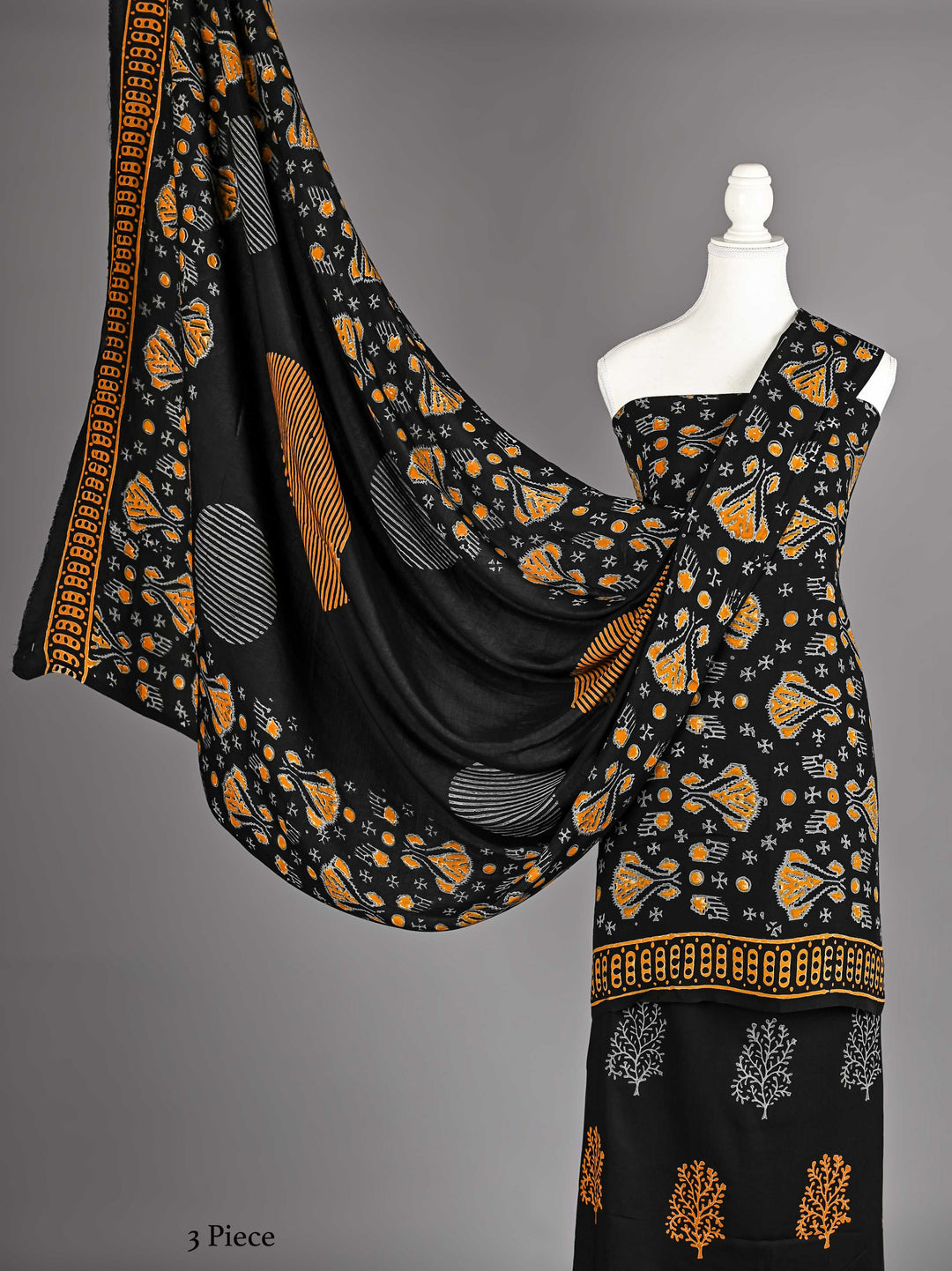 Pure Modal Silk Ajrakh handblock printed Unstitched Suit - Black