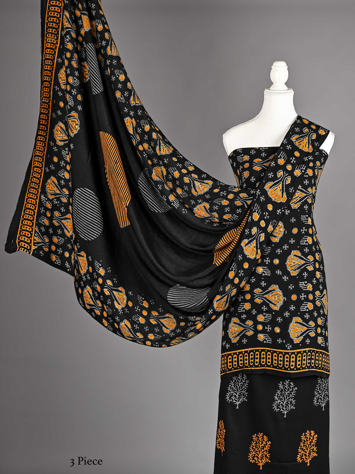 Pure Modal Silk Ajrakh handblock printed Unstitched Suit - Black