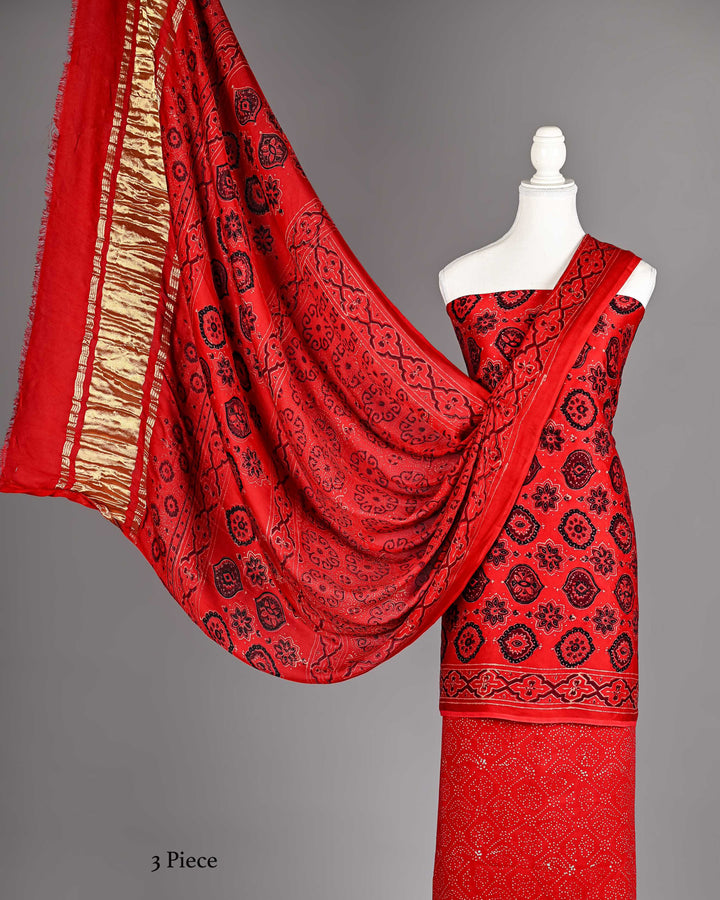 Pure Modal Silk Ajrakh handblock printed Unstitched Suit - Red