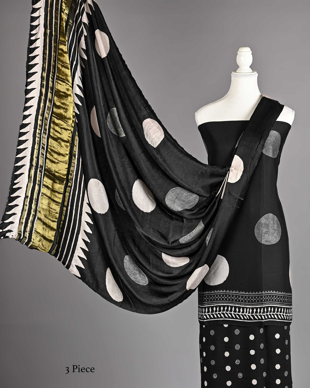 Pure Modal Silk Ajrakh handblock printed Unstitched Suit - Black and white