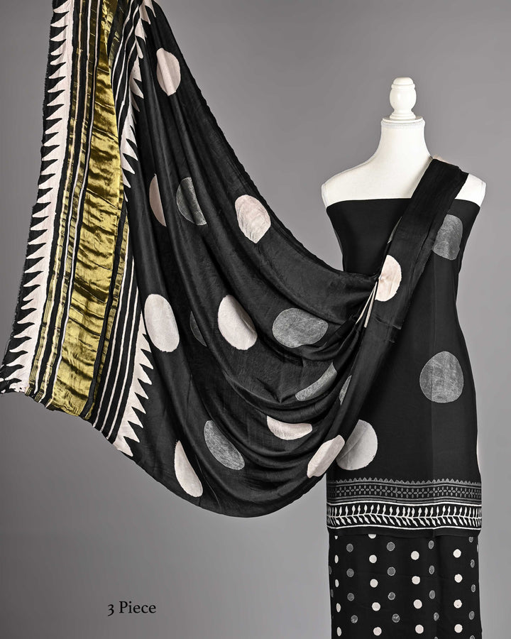 Pure Modal Silk Ajrakh handblock printed Unstitched Suit - Black and white
