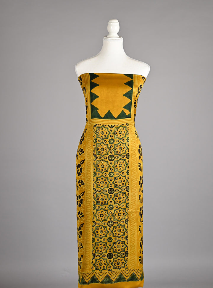 Pure Modal Silk Ajrakh handblock printed Unstitched Suit - Mustard