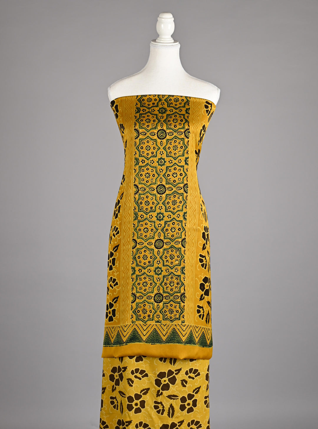 Pure Modal Silk Ajrakh handblock printed Unstitched Suit - Mustard
