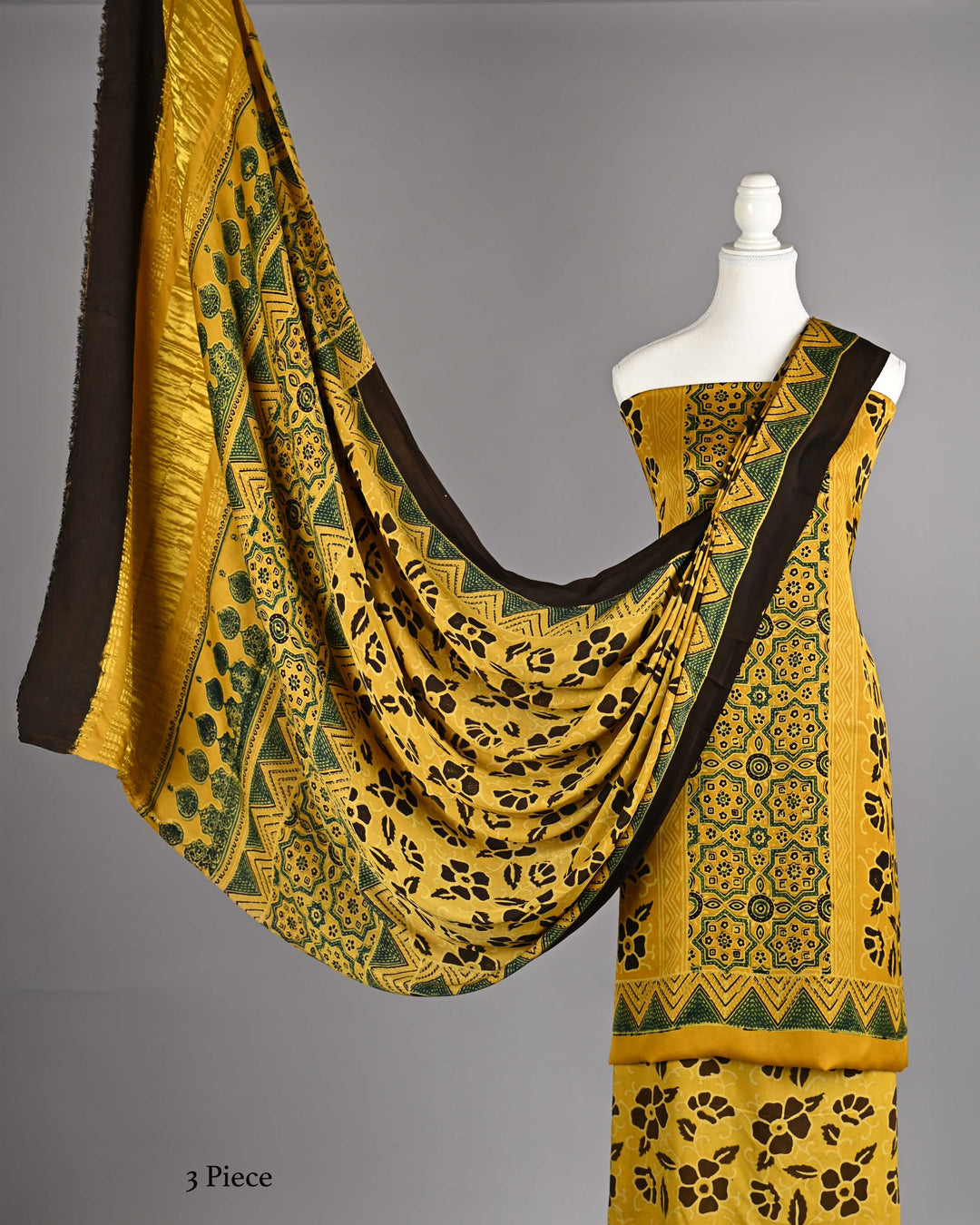 Pure Modal Silk Ajrakh handblock printed Unstitched Suit - Mustard