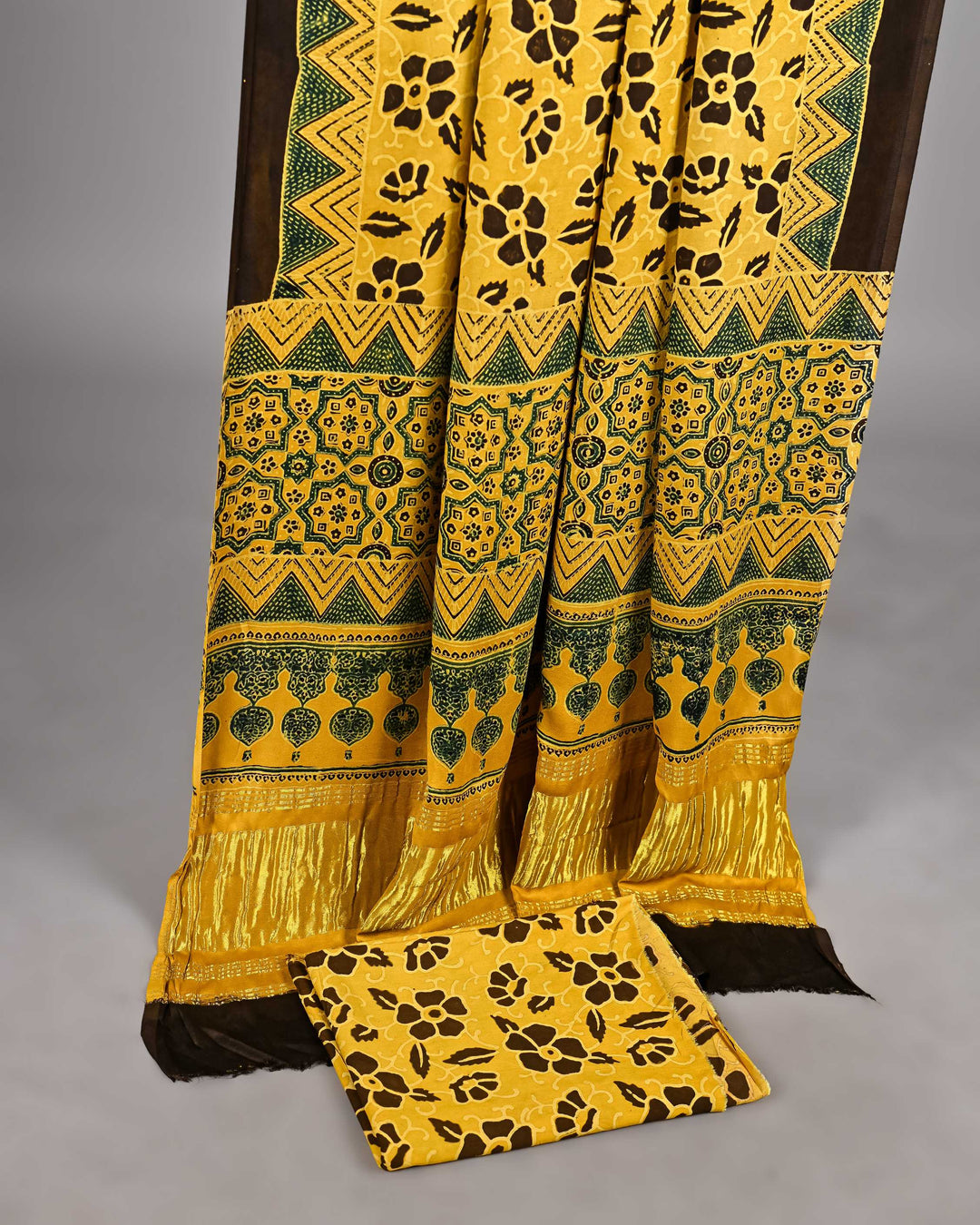 Pure Modal Silk Ajrakh handblock printed Unstitched Suit - Mustard