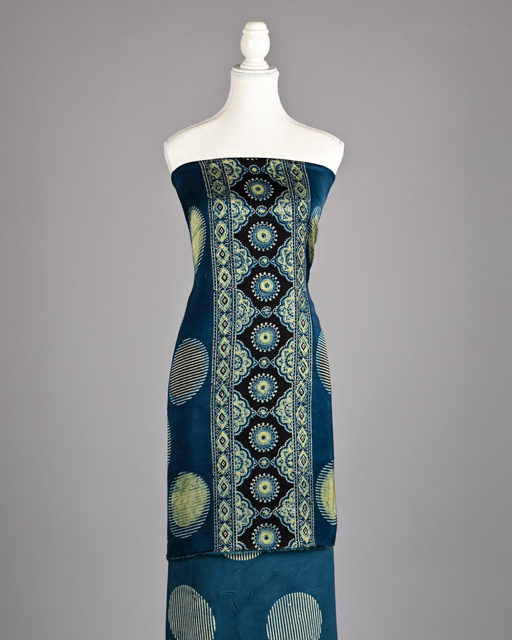 Pure Modal Silk Ajrakh handblock printed Unstitched Suit - Teal blue
