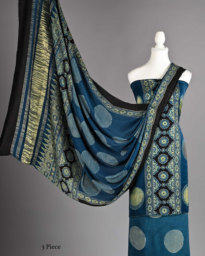 Pure Modal Silk Ajrakh handblock printed Unstitched Suit - Teal blue