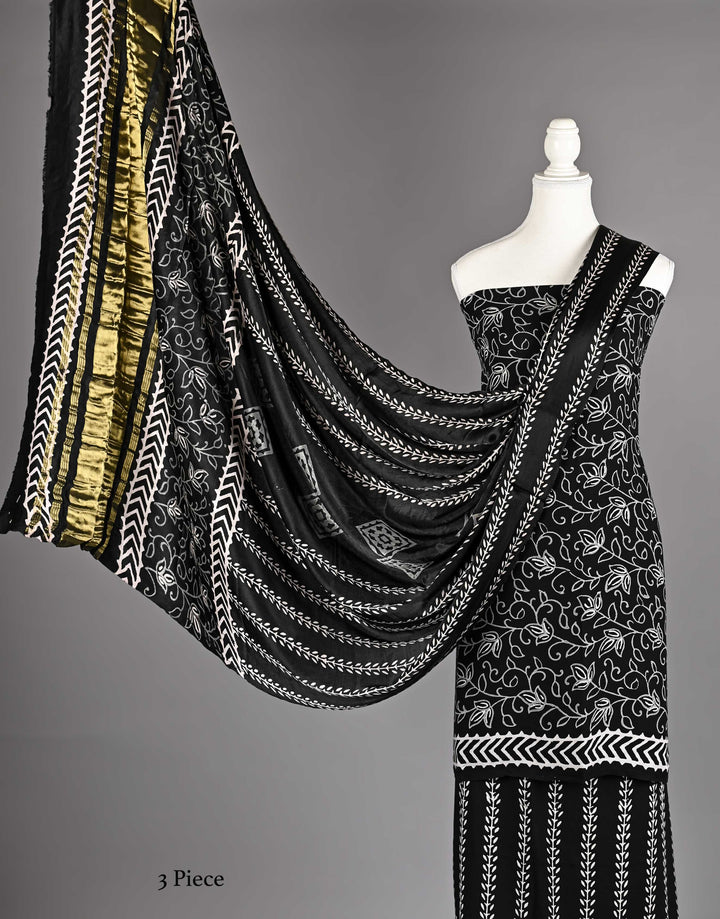 Pure Modal Silk Ajrakh handblock printed Unstitched Suit - Black and white