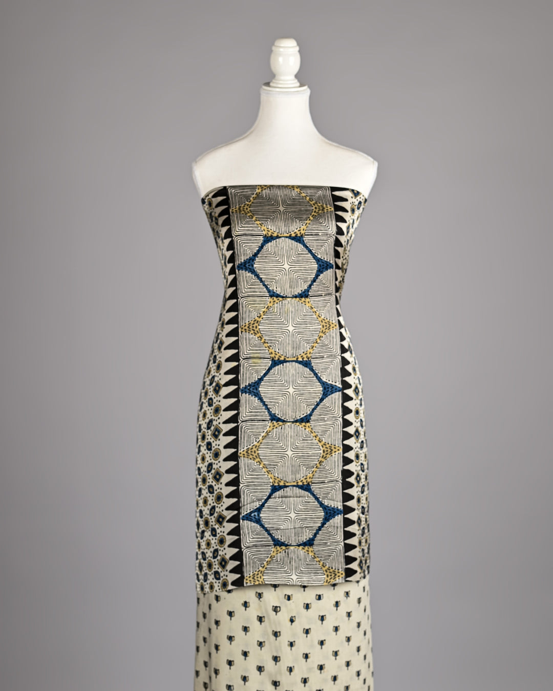 Pure Modal Silk Ajrakh handblock printed Unstitched Suit - Cream with blue