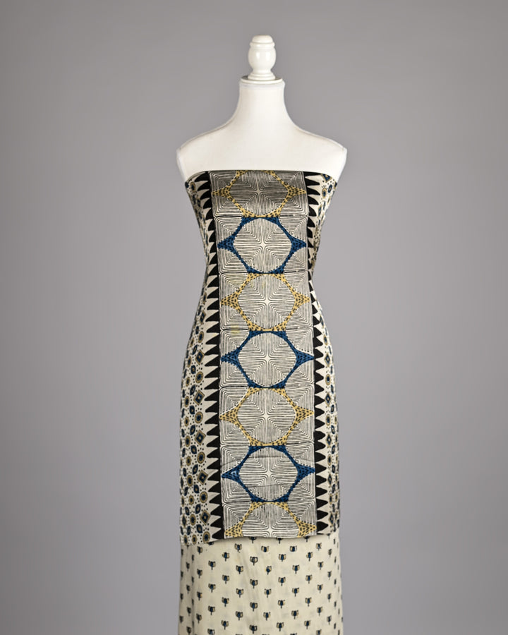 Pure Modal Silk Ajrakh handblock printed Unstitched Suit - Cream with blue