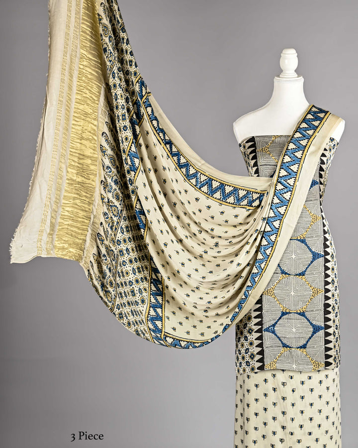 Pure Modal Silk Ajrakh handblock printed Unstitched Suit - Cream with blue