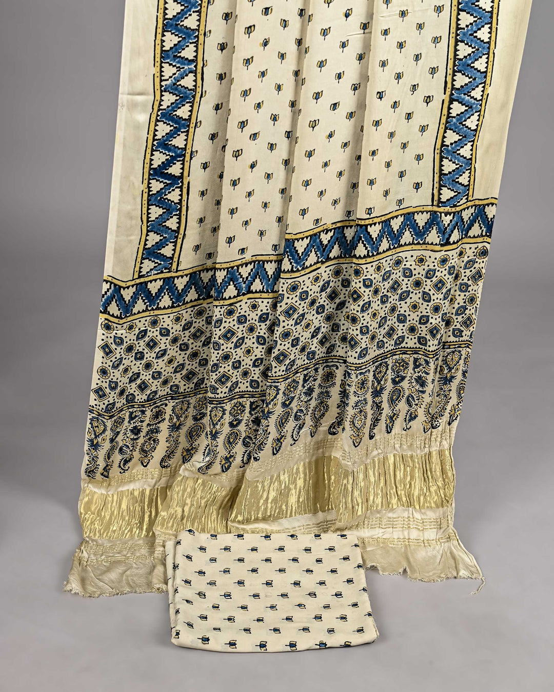 Pure Modal Silk Ajrakh handblock printed Unstitched Suit - Cream with blue