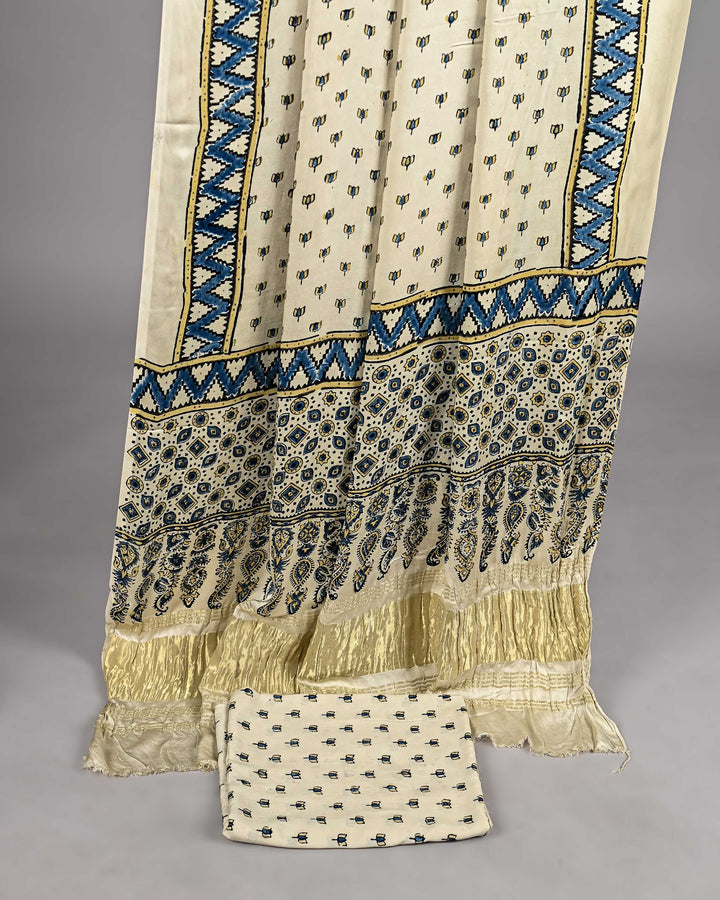 Pure Modal Silk Ajrakh handblock printed Unstitched Suit - Cream with blue