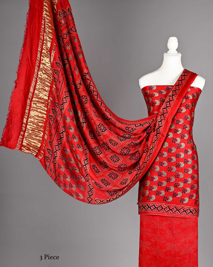 Pure Modal Silk Ajrakh handblock printed Unstitched Suit - Blood red