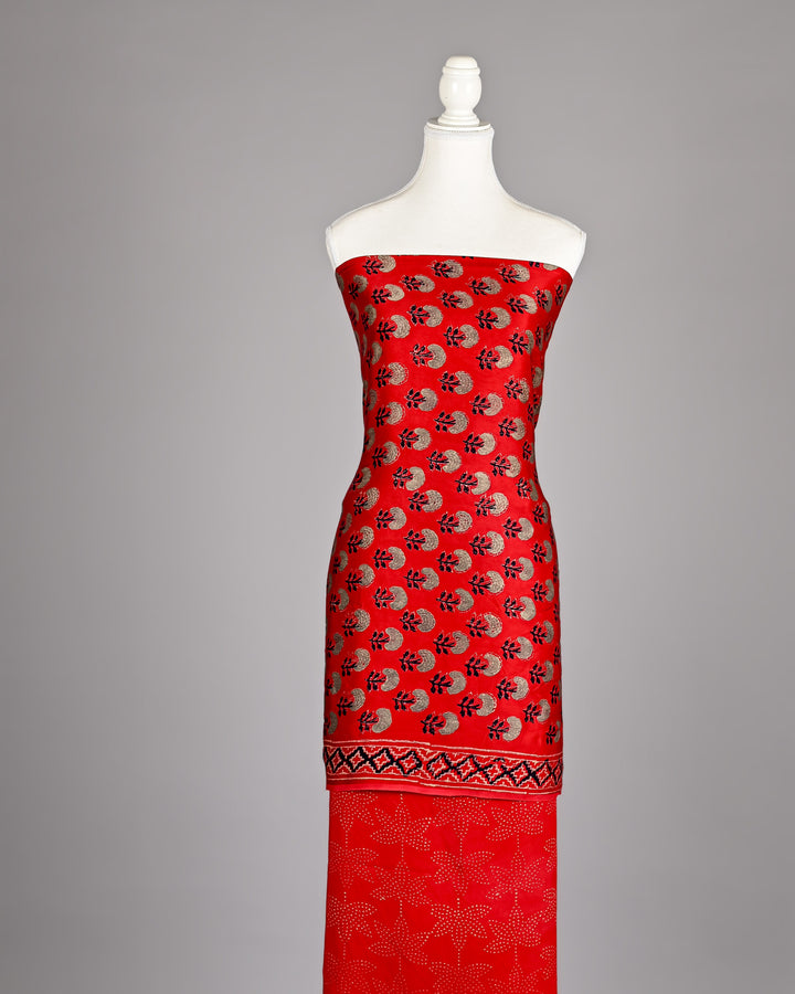 Pure Modal Silk Ajrakh handblock printed Unstitched Suit - Blood red