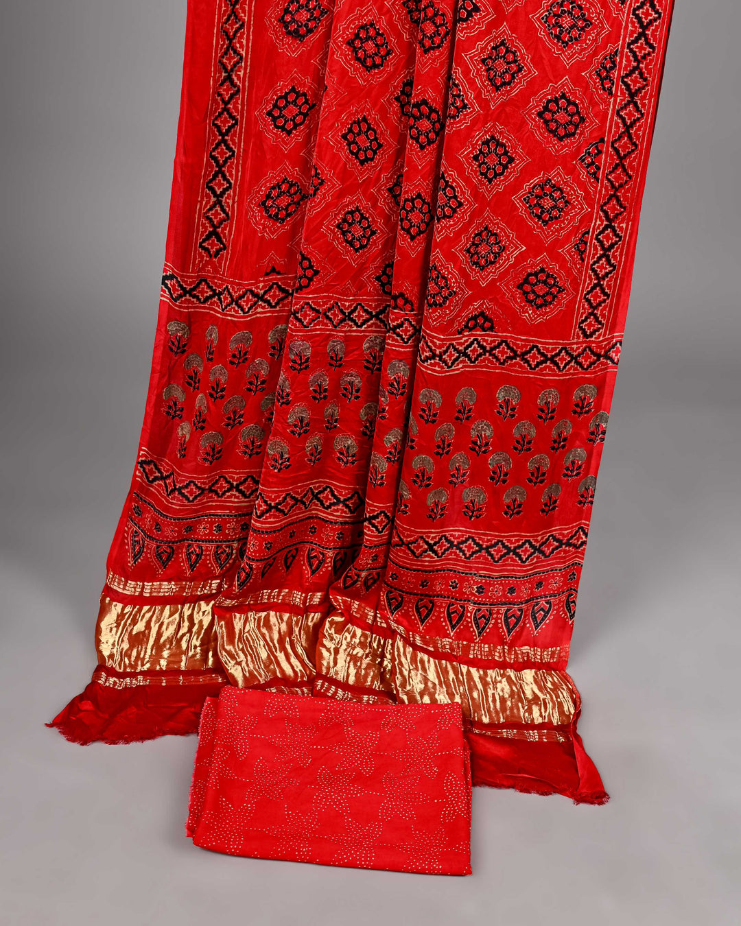 Pure Modal Silk Ajrakh handblock printed Unstitched Suit - Blood red