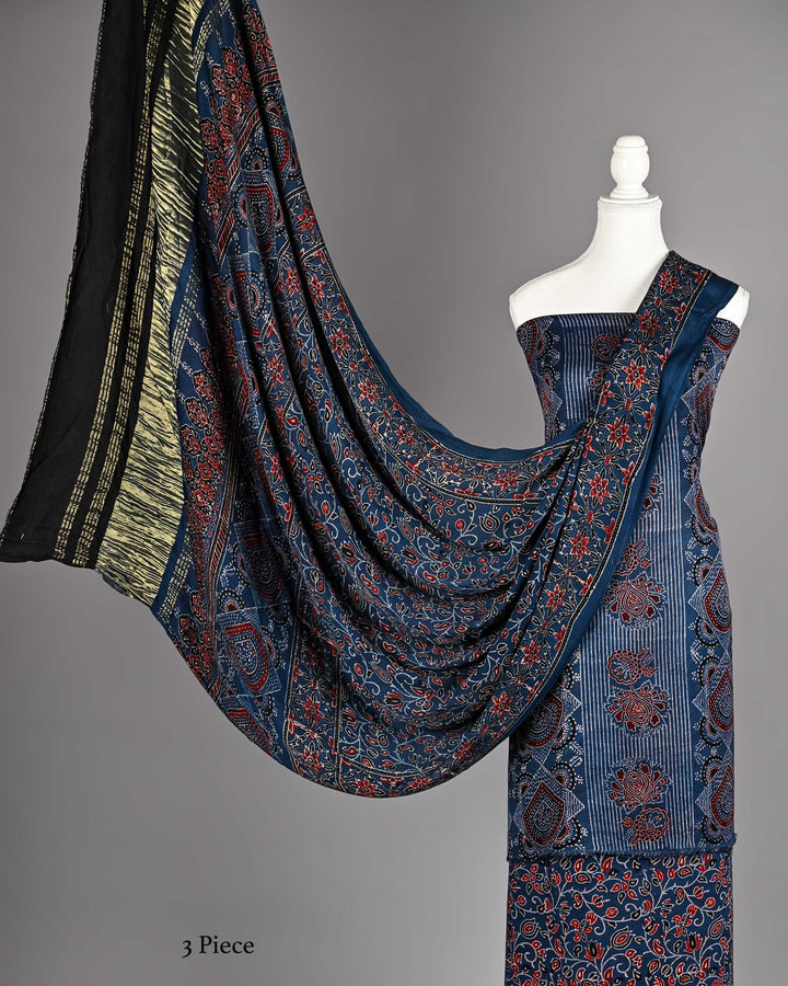 Pure Modal Silk Ajrakh handblock printed Unstitched Suit - NavyBlue Rust Print