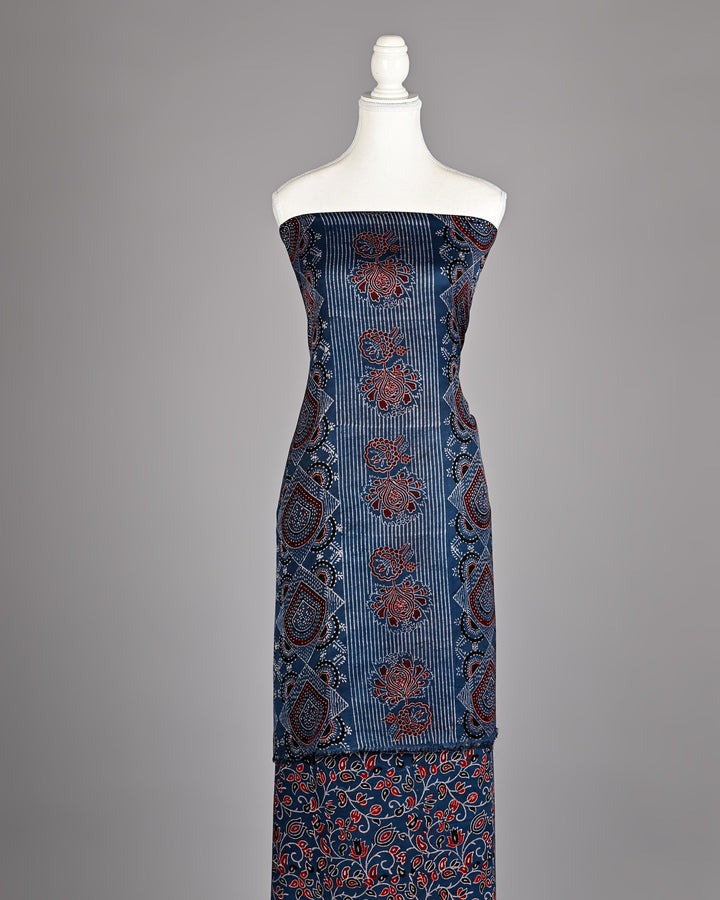 Pure Modal Silk Ajrakh handblock printed Unstitched Suit - NavyBlue Rust Print