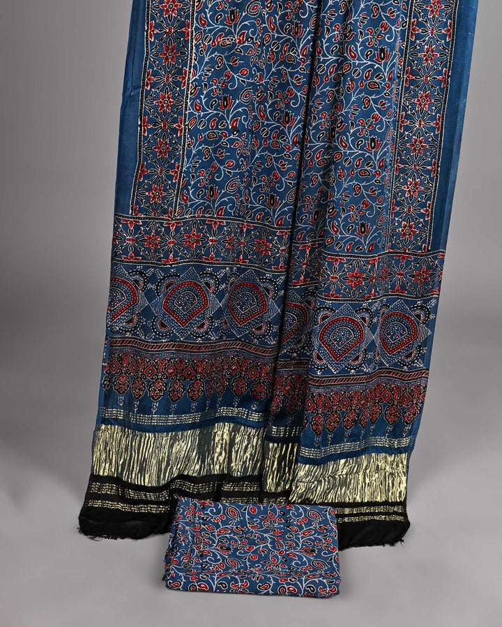 Pure Modal Silk Ajrakh handblock printed Unstitched Suit - NavyBlue Rust Print