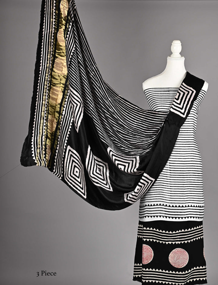 Pure Modal Silk Ajrakh handblock printed Unstitched Suit - Geometrical white and black
