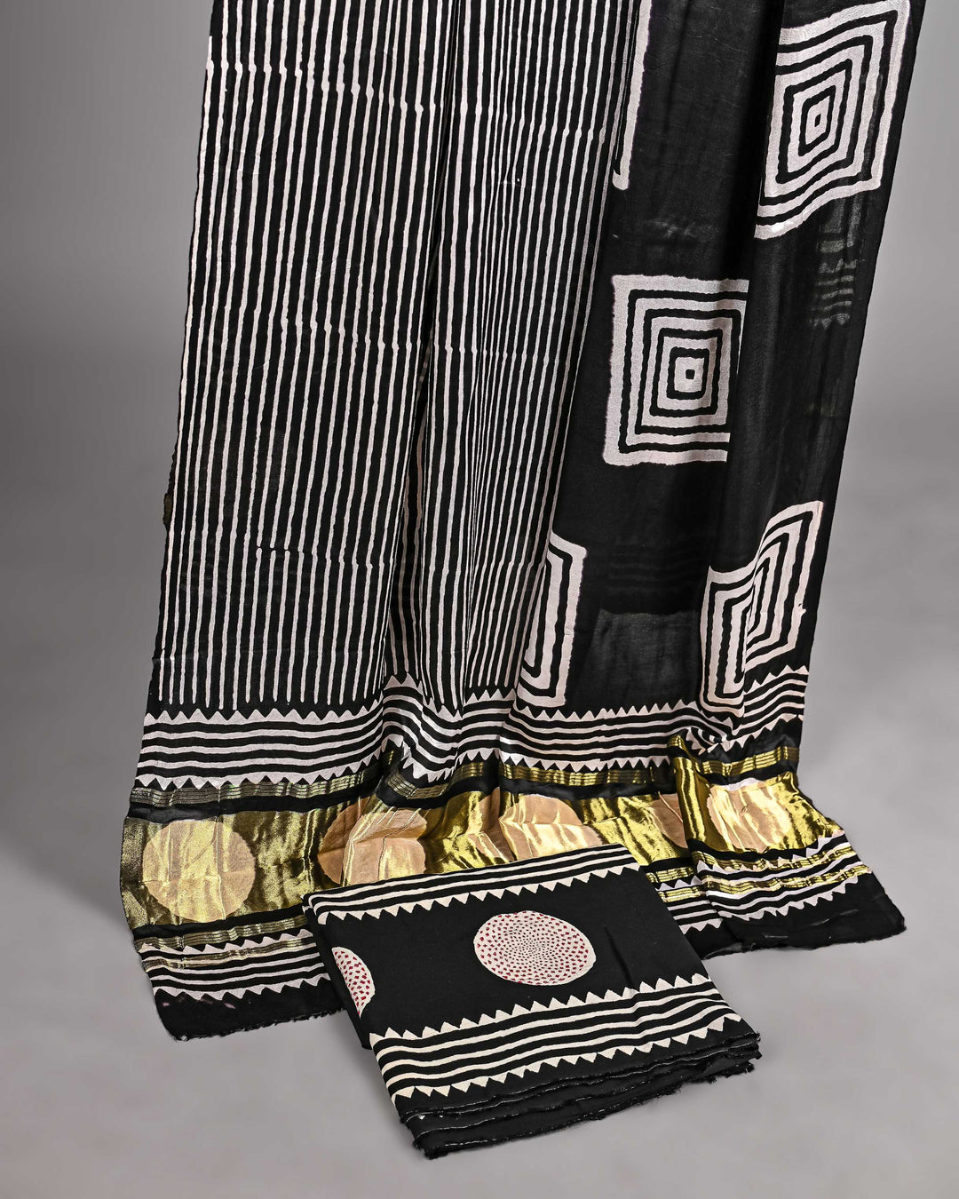 Pure Modal Silk Ajrakh handblock printed Unstitched Suit - Geometrical white and black
